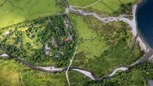 An aerial view of Wasdale Campsite and the shore of Wastwater, Cumbria